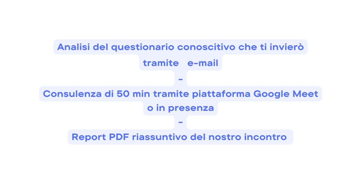 Analisi del questionario conoscitivo che ti invierò tramite e mail Consulenza di 50 min tramite piattaforma Google Meet o in presenza Report PDF riassuntivo del nostro incontro