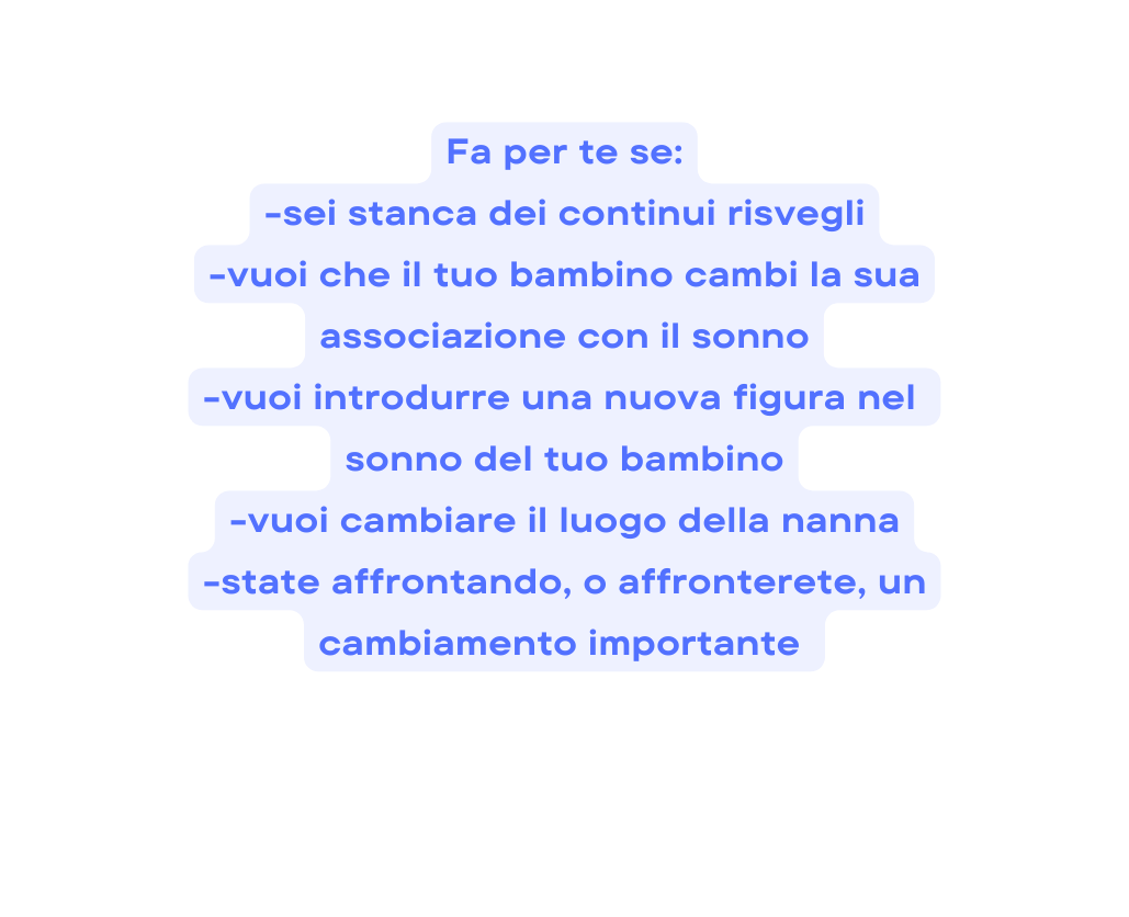 Fa per te se sei stanca dei continui risvegli vuoi che il tuo bambino cambi la sua associazione con il sonno vuoi introdurre una nuova figura nel sonno del tuo bambino vuoi cambiare il luogo della nanna state affrontando o affronterete un cambiamento importante