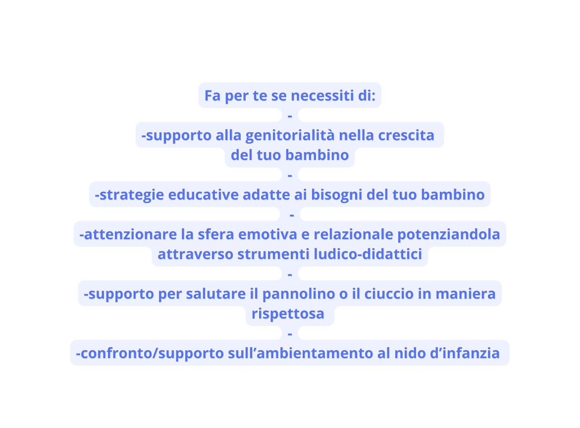 Fa per te se necessiti di supporto alla genitorialità nella crescita del tuo bambino strategie educative adatte ai bisogni del tuo bambino attenzionare la sfera emotiva e relazionale potenziandola attraverso strumenti ludico didattici supporto per salutare il pannolino o il ciuccio in maniera rispettosa confronto supporto sull ambientamento al nido d infanzia